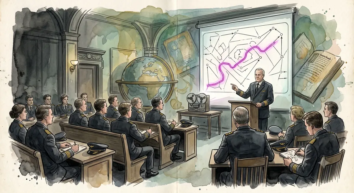 Aquarell eines Schulungsraums der American Airlines, 1997: Linienpiloten in Uniform sitzen in Reihen, ein Ausbilder am Pult zeigt auf eine Projektionsfläche mit einer leuchtend magentafarbenen Navigationslinie; daneben ein Globus, ein alter Filmprojektor und ein aufgeschlagenes Buch.