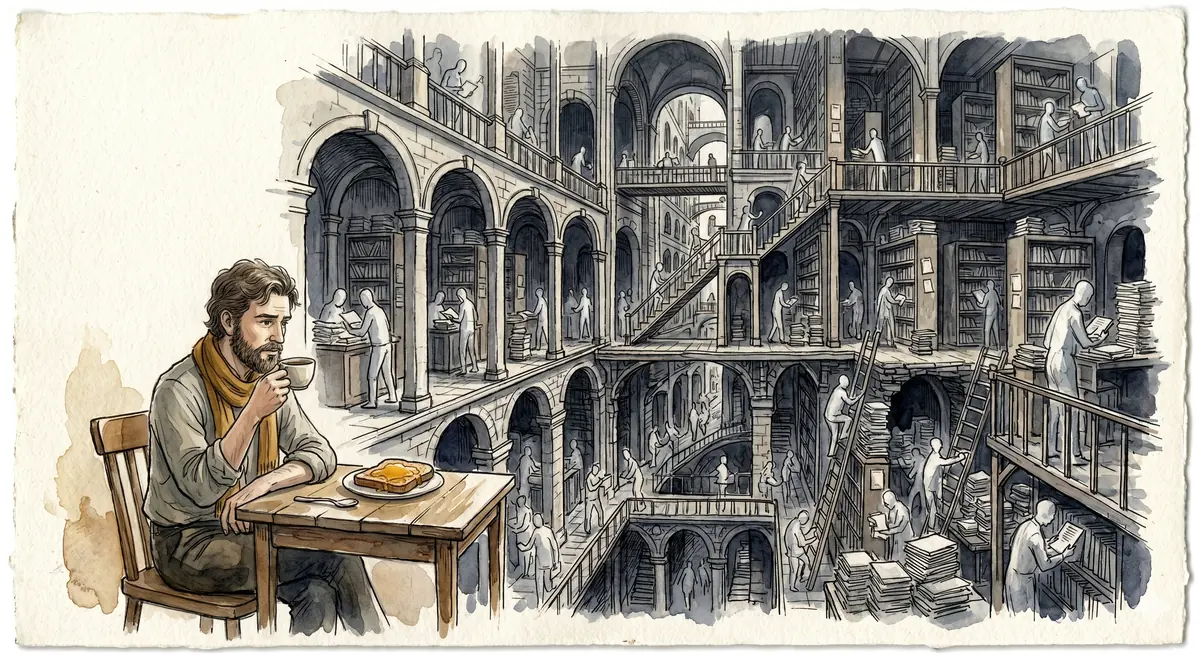 Watercolor: A man drinks coffee at a small table with honey toast, behind him a vast, nested archive of shelves, stairs, and ladders in which countless small figures work.