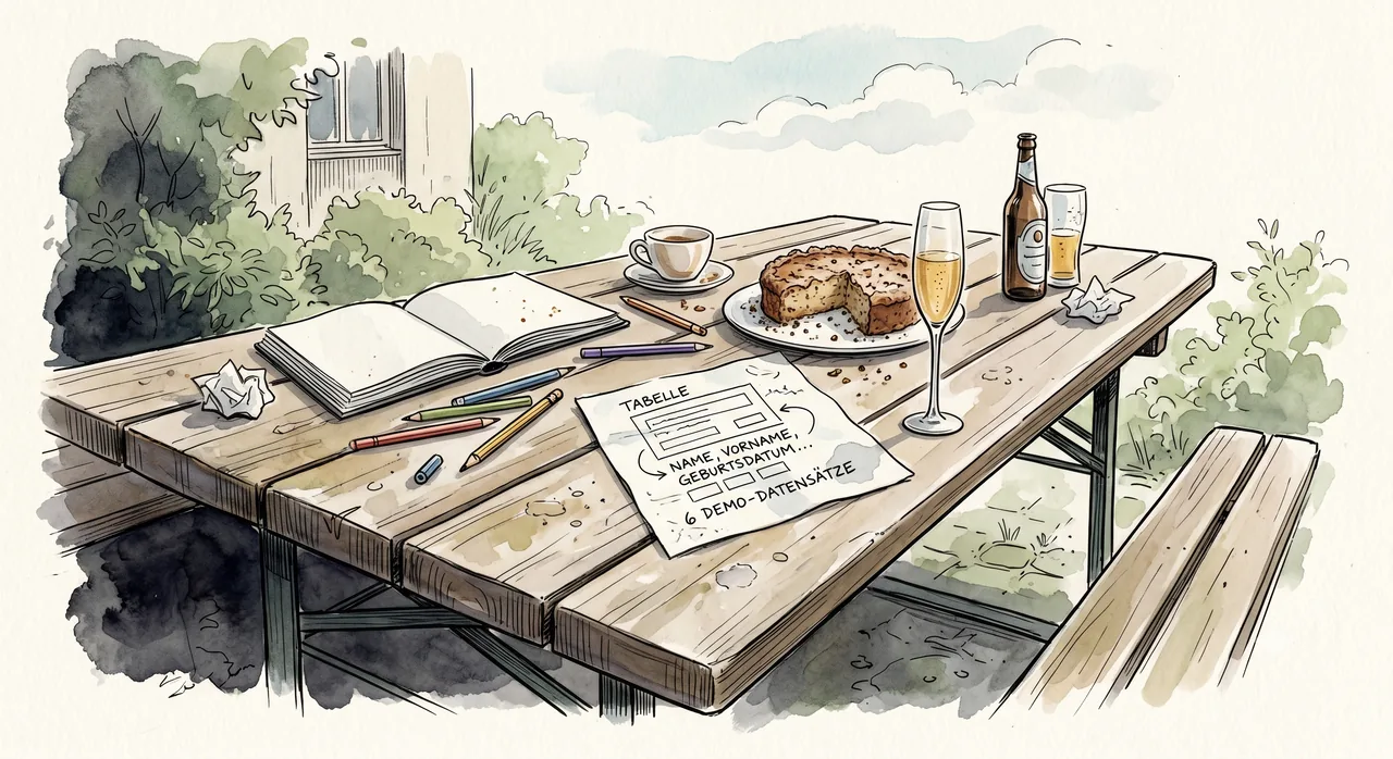 Aquarell einer Bierzeltgarnitur im Garten: auf dem Holztisch eine Papierserviette mit einer handgekritzelten Formular-Skizze — Tabelle mit Name, Vorname, Geburtsdatum und sechs Demo-Datensätzen —, daneben Buntstifte, ein aufgeschlagenes Notizbuch, eine Kaffeetasse, ein angeschnittener Kuchen und ein Sektglas.