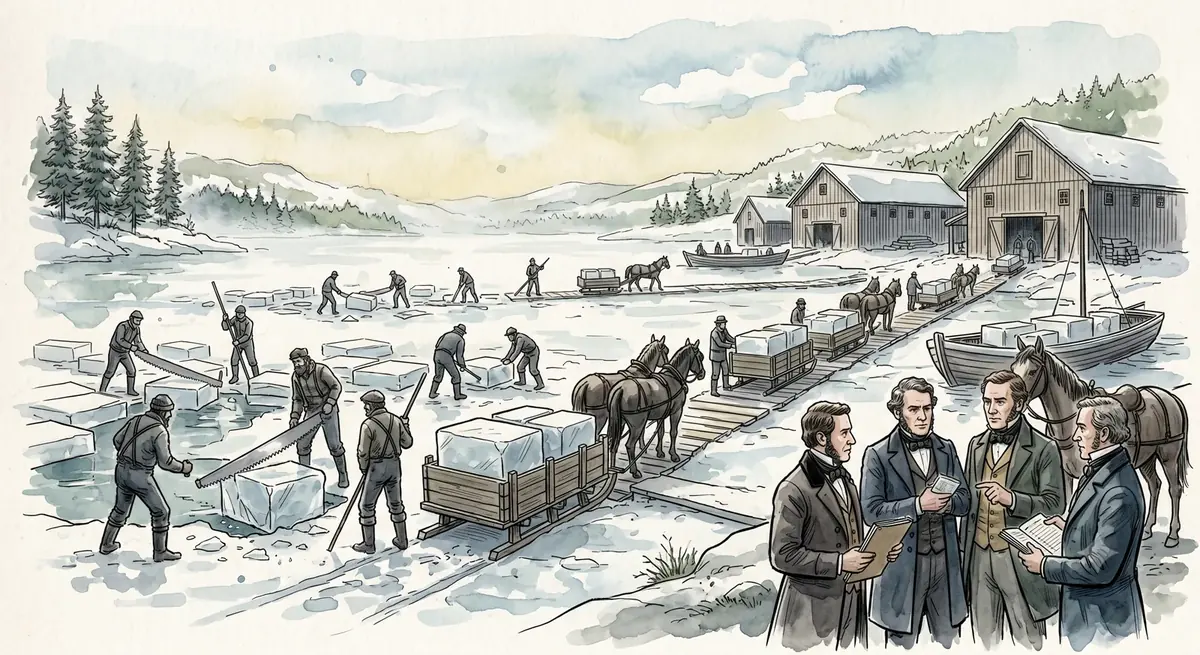 Aquarell: Auf einem zugefrorenen See in Neuengland sägen Arbeiterkolonnen das Eis in Blöcke und verladen sie auf Pferdeschlitten Richtung Lagerhaus; im Vordergrund rechts prüfen vier Eisbarone in Gehröcken ein Klemmbrett.